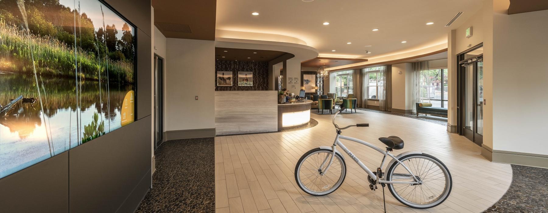 a bicycle parked in a room