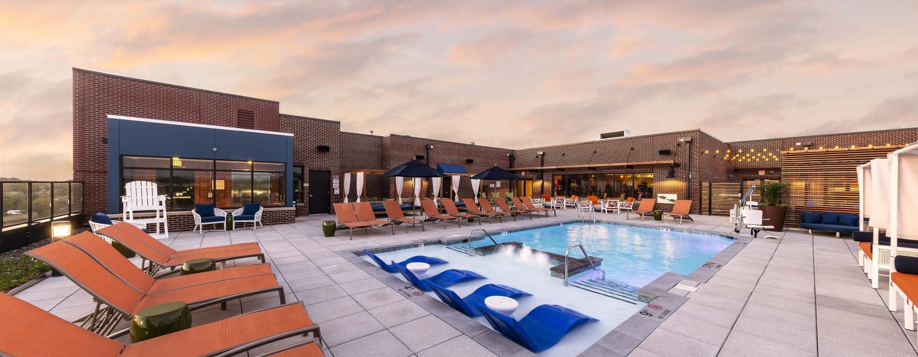 a swimming pool outside a building