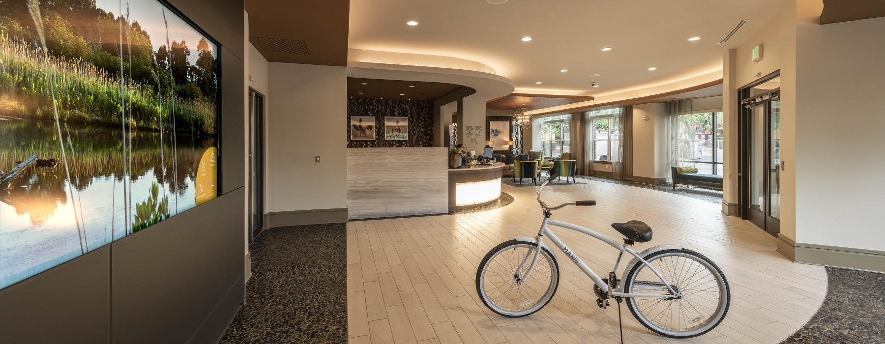 a bicycle parked in a room